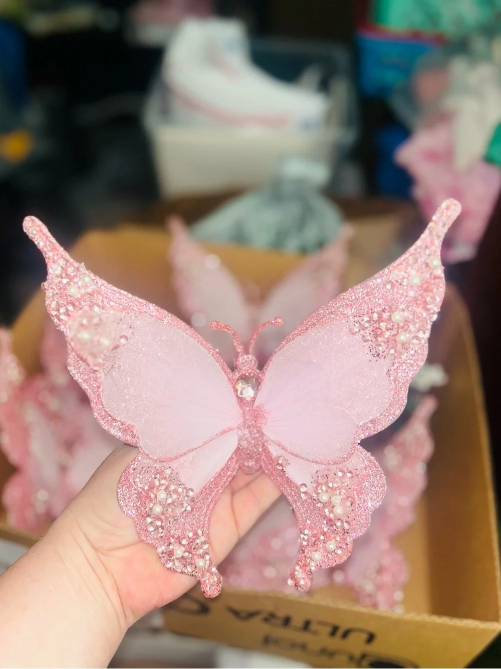 7ct Glitter Pink Butterfly Decorative Christmas Clip Tree Ornament